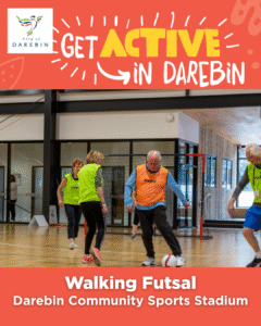 Group of active adults playing a game of indoor walking futsal